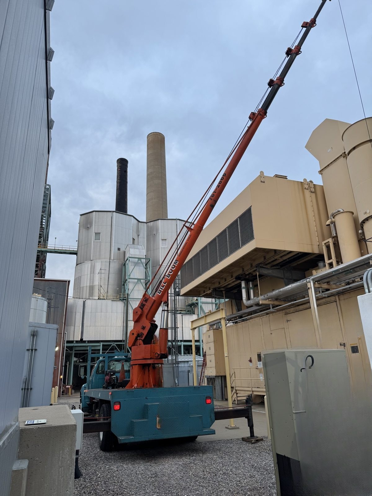 Bill Boom boom truck setting a condenser for a server room at the Xcel Energy power plant in Boulder, Colorado